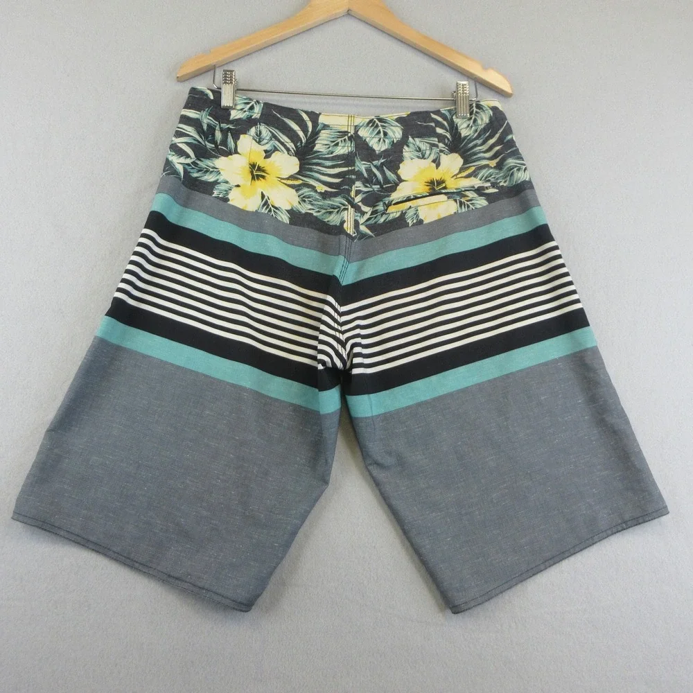 Palmwave Board Shorts Men 32 Gray‎ Teal Floral Striped Pockets Stretch Surf Swim